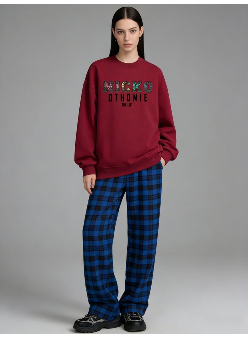 BM INS Burgundy "NICKO OTHOMIE" Leopard Print Letter Oversized Crew Neck Sweatshirt | Unisex Casual Pullover For Streetwear - Image 2